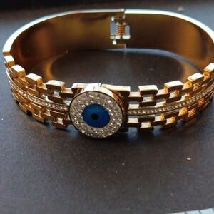 Gold and Blue Evil Eye Bangle Bracelet